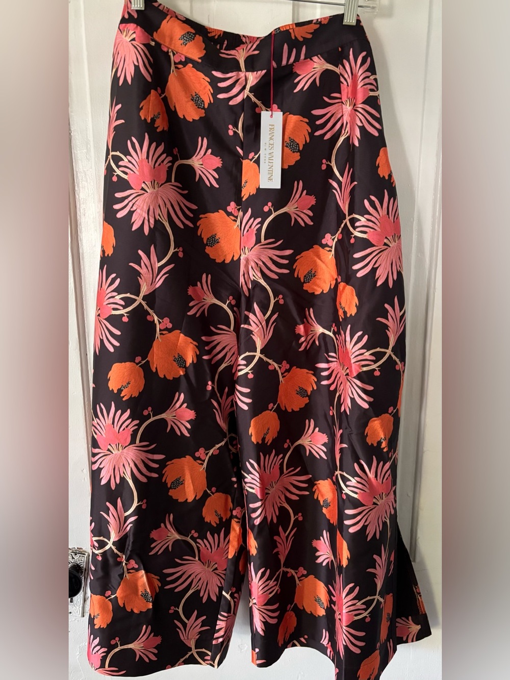 Frances Valentine Black Wide-Leg Pants with Pink & Orange Floral Print